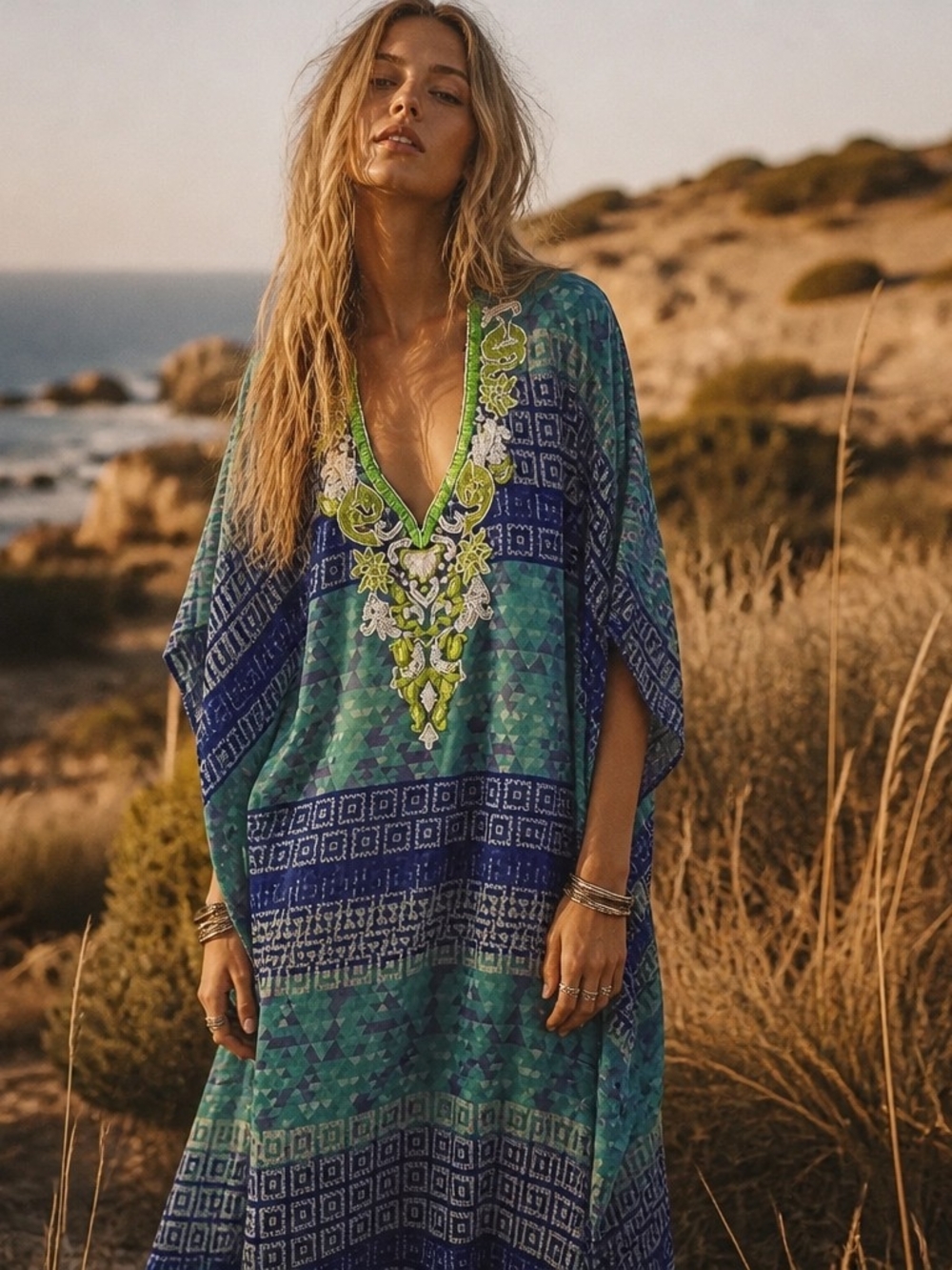 Blue & Green Embroidered V-Neck Swim Cover-Up Caftan